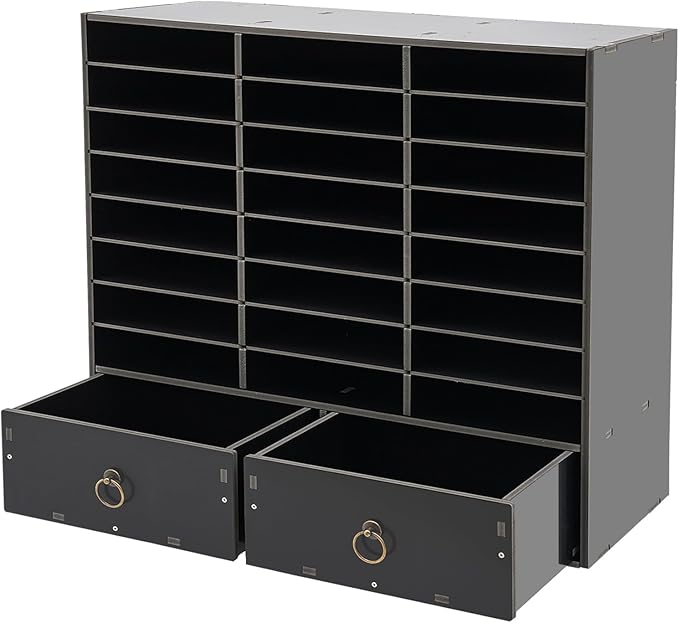 24-Compartment Literature Organizer with 2 Drawers – Adjustable Shelves & Lockable Storage Cabinet, Wall-Mountable Mail Sorter for Office, Classroom, Home (Black)