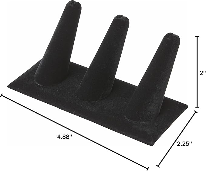 Plymor Black Velvet Ring Finger Display, Three on Rectangular Base, 4.875" W x 2.25" D x 2" H (Pack of 6)