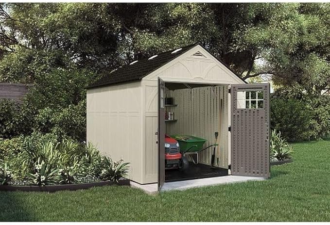 Suncast 8x10 Ft. Outdoor Storage Shed - Large Resin Outdoor Shed with Floor Included, Lockable Double Doors & Skylights. 547 Cu Ft Tremont Garden Resin Sheds for Lawn Tools, Riding Mowers, & Bikes