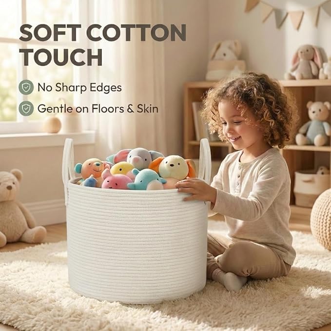 65L Extra Large Blanket Basket for Living Room - Woven Cotton Rope Laundry Hamper with Reinforced Handles - Storage Bin for Pillows, Comforters & Toys - Machine Washable,White