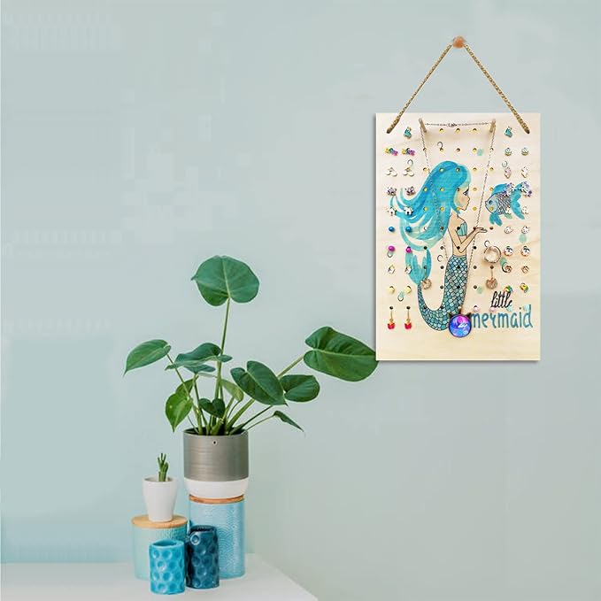 Hanging Jewelry Holder Organizer, Jewelry Hanger Wall Mount,Hanging Jewelry Organizer for Stud Earrings,Necklaces,Rings (Little Mermaid)