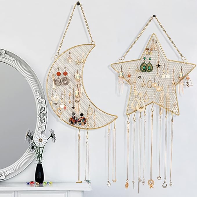 Eforcase Earring Wall Holder Hanging Jewelry Storage Organizer, Metal Grid Star Shape Jewelry Rack Hanging Jewelry Organizer Gift for Women and Girls