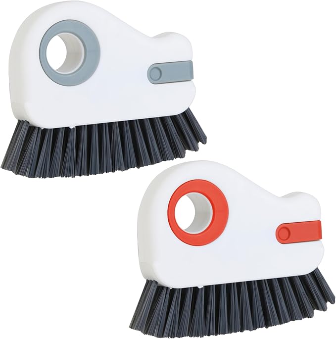 2 in 1 Groove Cleaning Brush, Grout Cleaner Tool & Multifunction Window Track Cleaner (with Hidden Scraper or Mini Dustpan) – for Glass Door Tracks, Window Sills, Sliding Doors (Orange + Grey)