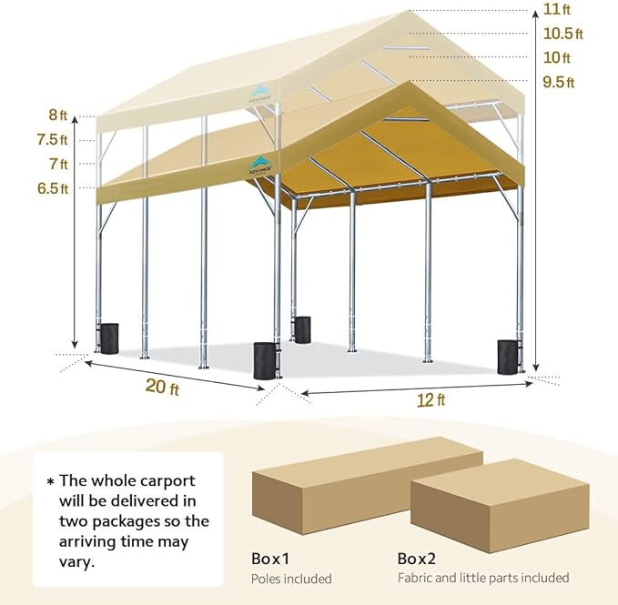 ADVANCE OUTDOOR 12x20 ft Heavy Duty Carport Potable Car Canopy Garage Party Tent Boat Shelter, Adjustable Height from 9.5 ft to 11 ft, Beige