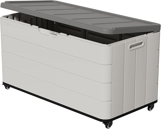 Outdoor Storage Deck Box Waterproof, 110 Gal Wheels Large Lockable Patio Storage Bin Chest, Resin Outside Container Seat Bench for Furniture Cushions, Pool Accessories, Garden Tools & Delivery, White