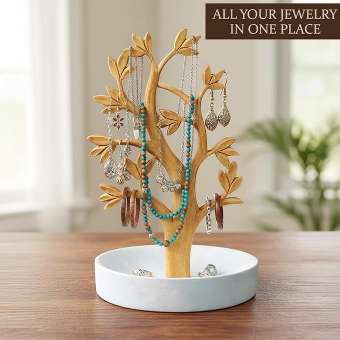Decozen Jewelry Organizer Hanging Tree Stand - Necklace Holder Jewelry Organizer For Women with a Ring Dish Tray for Mothers Day Gifts, Valentines Day Gifts for Her, Gift for Mom, Home Decor