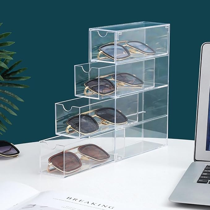 esowemsn 1PC Acrylic Sunglasses Organizer 4-Drawer Clear Sunglasses Case with Lid Stackable Eyeglass Display Holder Multi-used Storage Box for Eyeglass Makeup Office Items