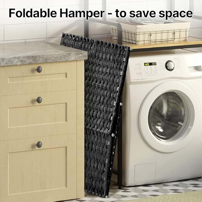 Greenstell Laundry Hamper with lid, No Install Needed, 110L Wicker Laundry Baskets Foldable 2 Removable Liner Bags, 2 Section Clothes Hamper Handwoven Rattan Laundry Basket with Handle, Black