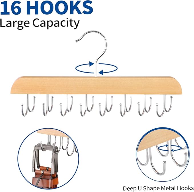 ELONG HOME Belt Hanger for Closet, 2 Pack Closet Organizers and Storage Belt Rack Max 48 Belts, Multifunction Wooden Hanger Tie Rack