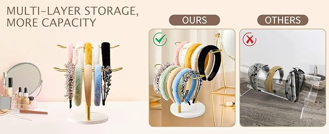 MoyRetty Headband Holder(Wooden Base), 2-Tier Metal Organizer Hair Hoop Display Stand Storage Hair Ropes Bow Accessories Bracelets Bangles Bedroom College Dorm Decor for Girls Women-Gold