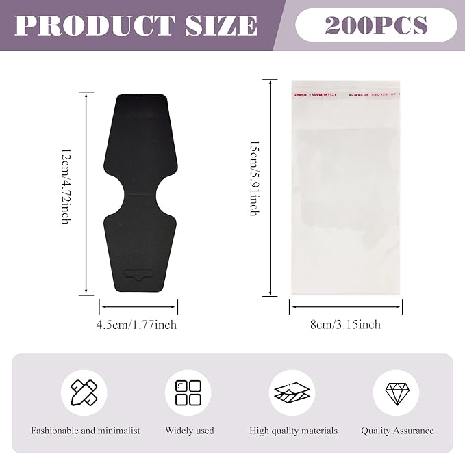 200pcs Jewelry Display Cards with Adhesive,1.7*4.7inch Necklace Display Cards with 200pcs Packaging Bags Jewelry Holder Cards Hanging for Earring Hair Band Keychain Scrunchies (300pcsBlack)