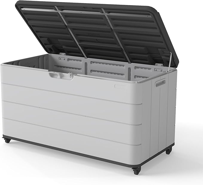 100GAL Square Storage Box (With Wheels) White，Waterproof Resin Storage Bin for Patio Cushions，Accessories，UV Resistan