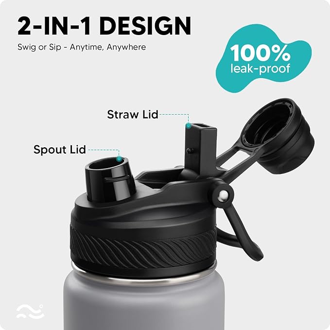 [2-IN-1 LID] Insulated Water Bottle with Silicone Boot (36hrs Cold/18hrs Hot) - DIY Stickers, Leakproof, BPA Free, 24 oz