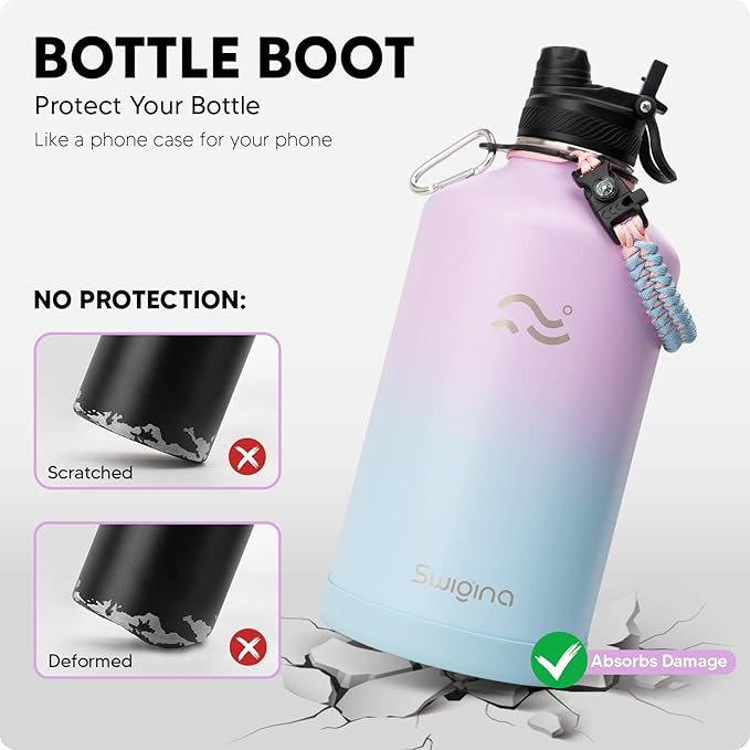 [2-IN-1 LID] Gallon Insulated Water Bottle with Silicone Boot (48hrs Cold/24hrs Hot) - DIY Stickers, Leakproof, BPA Free, 128 oz