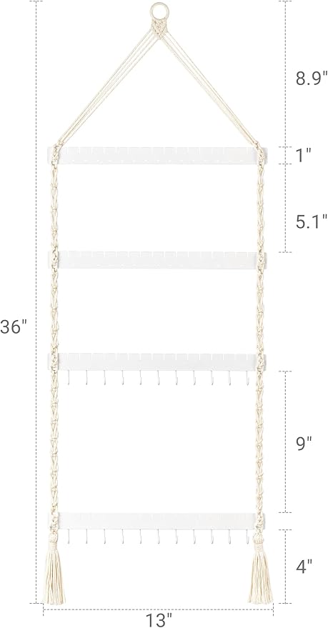 Mkono Hanging Jewelry Organizer Macrame Necklace Holder Wall Mounted Jewelry Hanger Earring Holder Organizer Boho Decor Over Door Jewelry Display Necklace Rack for Necklaces Bracelets Earrings