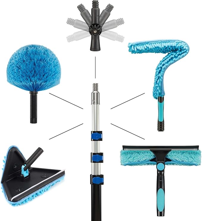 25 Foot Wall Cleaner Mop with 18 Ft Heavy Duty Extension Pole, 3-in-1 High Ceiling Cleaning Tool with 4 Microfiber Chenille Pad, Cobweb Duster, Fan, Baseboard, Window Squeegee Kit (18ft)