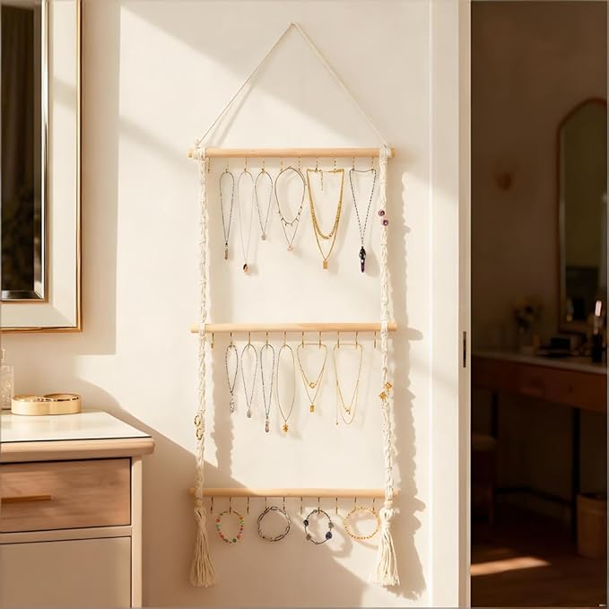 Hanging Macrame Jewelry Organizer - 30-Hook Necklace Holder, Wall Mounted/Over Door Jewelry Hanger with Tassel for Bracelet, Earring, Headband, Necklace