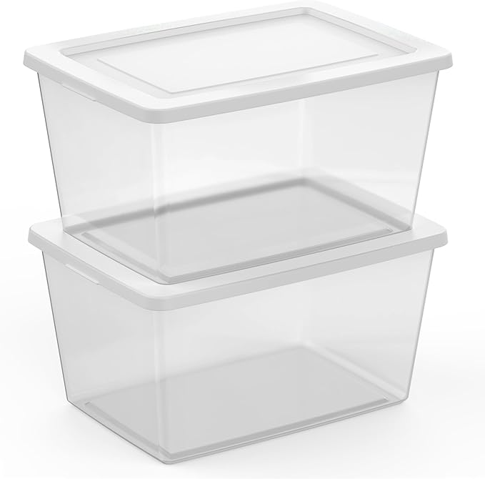 Sterilite 24 Pack Storage Boxes, Clear Plastic Stackable Containers, Lightweight Home Organizers with Snap Lids, 58 Quart, White