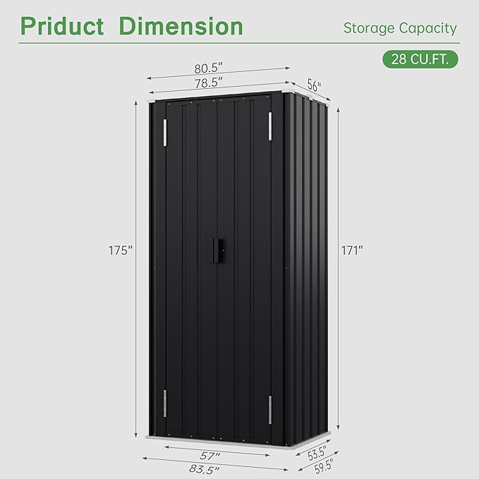 Devoko 28 Cuft Lockable Metal Storage Shed, Vertical Indoor Outdoor Tool Cabinet with 3 Adjustable Shelves for Patio Garden Backyard, Black