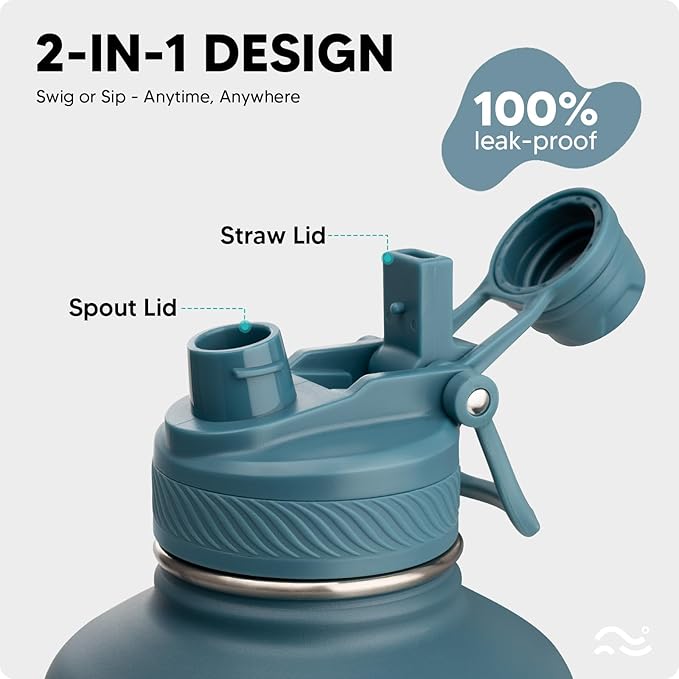 [2-IN-1 LID] 64 oz Insulated Water Bottle with Silicone Boot (48hrs Cold/24hrs Hot) - DIY Stickers, Leakproof, BPA Free, Half Gallon