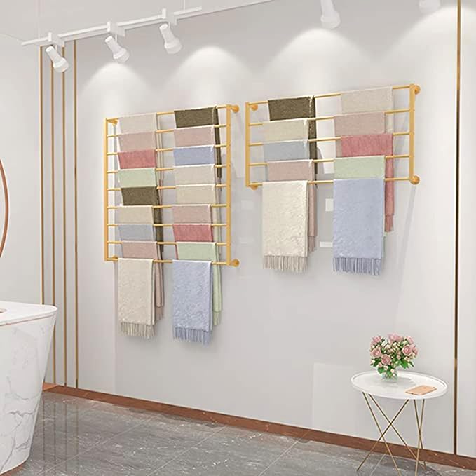 Wall Mounted Scarf Rack, Gold Silk Scarves Hijab Hanger Organizer Metal Racks Wrapping Tissue Paper Ribbon Holder Towels Storage Display for Flower Shop Retail Store (Gold, 10T-23.6×47.2IN)