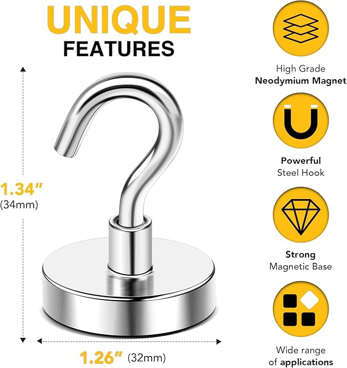 DIYMAG Magnetic Garage Hooks 16 Pack, 120lbs 2026 Cruise Cabin Ship Essentials Magnetic Hook Heavy Duty Strong Wall Mount Magnets Fridge for Classroom Wall Mount Kitchen Grills Silver