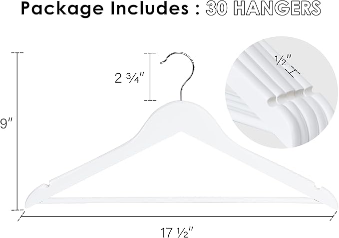 StorageWorks White Wooden Hangers 30 Pack, Heavy Duty Wood Hangers for Closet, Clothes Hangers for Coats, Bridesmaid Suits, Wedding Dress