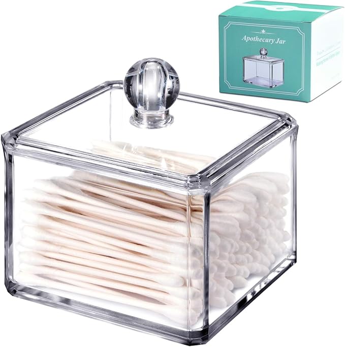 SheeChung 2-Pack Modern Square Acrylic Qtip Holder - Clear Apothecary Jars with Lids - Bathroom Vanity Storage Canister - Shatterproof Square Organizers for Cotton Swabs, Pads-Modern Minimalist Decor