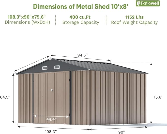 Patiowell 10x8 FT Storage Shed, Outdoor Metal Sheds with Lockable Door and Sloping Roof, Waterproof Outside Large Garden Tool Shed with Breathable Vents for Patio Lawn Backyard, Brown