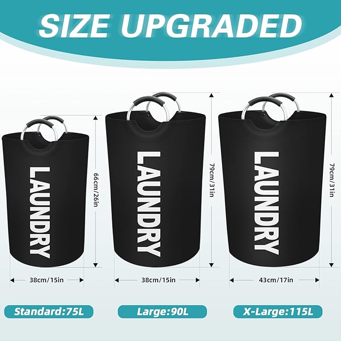 StorageRight 75L Large Laundry Basket, Laundry Hamper, Dirty Clothes Hamper for Laundry, Collapsible, Waterproof Laundry Baskets with Foam Protected Aluminum Handles for Laundry, Dorm, Family (Black)