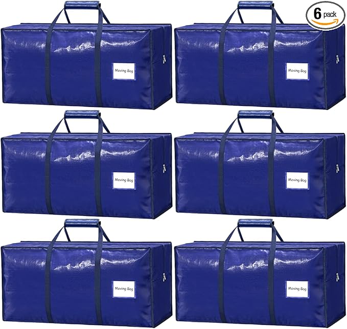 6 Pack Large Moving Bags Heavy Duty – Reusable Storage Bags with Zippers & Handles | Extra-Large Packing Bags for Moving Boxes, Clothes, Bedding, Holiday Décor & Home Storage