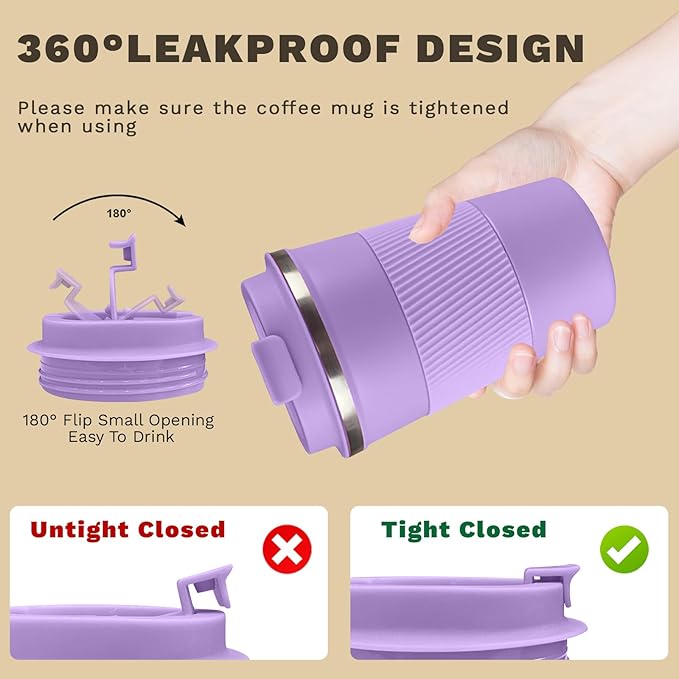 Vacuum-Insulated Stainless Steel Travel Coffee Mug, Leak-Proof Reusable Coffee Cup with Lid - Keep Hot & Cold Drinks for Hours, Durable Insulated Tumbler for Men & Women(3rd-Purple, 17OZ)