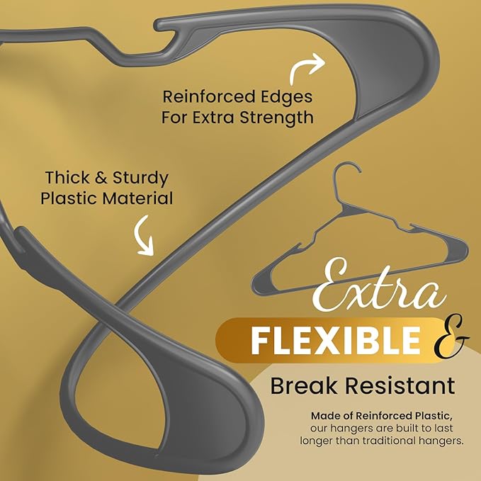 100 Pack Plastic Hanger for Shirt Pants Coats Dresses Skirts Suits Jackets - Standard Thick Coat Hanger - Sturdy & Durable Design with Shoulder Grooves Hook - Grey