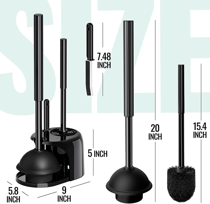 4PACK 3 in 1 Toilet Brush and Plunger Set with Crevice Cleaning Brush, Toilet Plunger and Brush Set with Extra Long Handle, Plungers for Bathroom Accessories, Toilet Plunger with Holder, Black