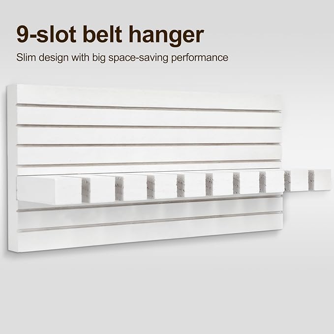 Belt Organizer for Closet, Belt Hanger Wall Mounts to Hold 9 Belts without Slipping, Space Saving Belt Rack for Closet Organization includes Mounting Hardware (11.8” x 5.5” x 2.5”) (White)