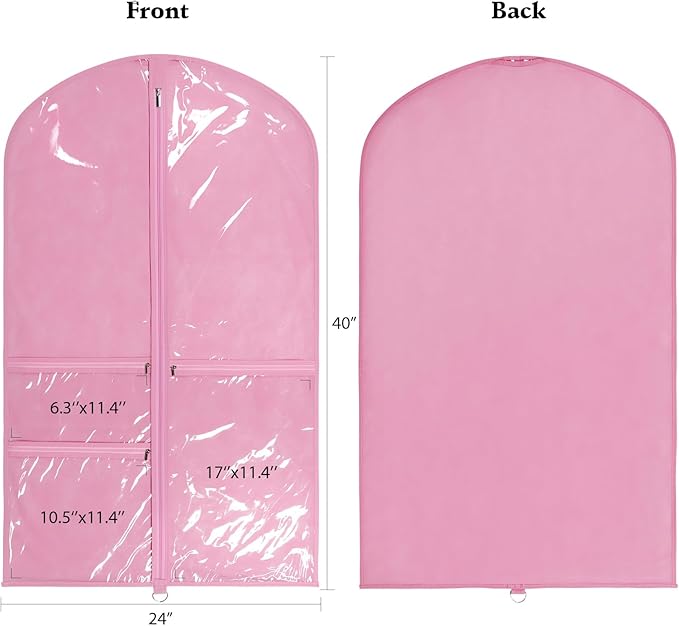 Univivi Dance Costume Bags Garment Bag 40 Inch Hanging Clothes for Dance Competitions, with 3 Medium Clear Zipper Pockets for Dance Costumes, Closet Storage (Clear Pink)