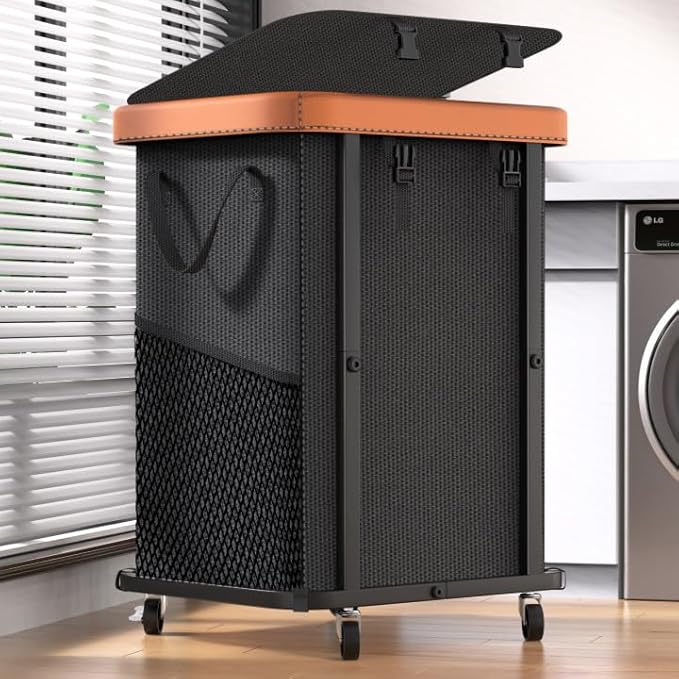 150L (40 Gal) Large Fashion Laundry Basket with Wheels, Leather Patchwork Rolling Hamper Carts, Sturdy Metal Frame, Removable Washable Bag, Tall Clothes Sorter for Bedroom, Laundry Room - Black