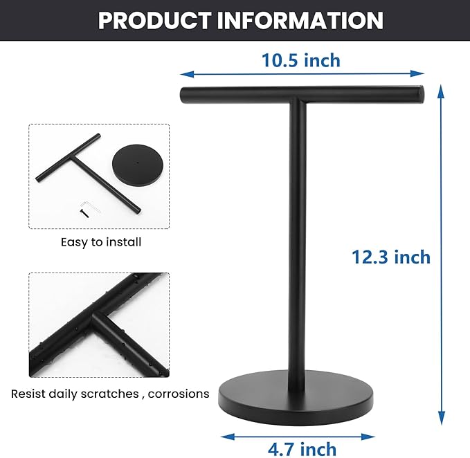 T-Shape Bath Hand Towel Holder Stand, Stainless Steel Free Standing Hand Towel Rack with Heavy Base, for Bathroom Kitchen & Countertop, Matte Black, 2 Pack