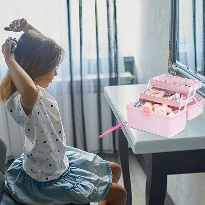 Kids Hair Accessories Organizer for Girls, Multi Layer Hair Accessories Organizer Storage Box with Stickers, Lids, and Handle, Plastic Hair Tie Holder Organizer for Toddler Girls
