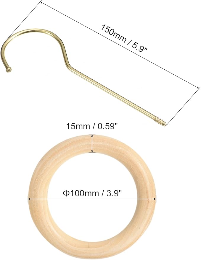 uxcell 4 Inch Scarf Ring Hanger, Scarf Organizer Holder Wooden Circle Rings Hanging Hook for Belt Tie Scarf, 15cm Length Hook (Gold)