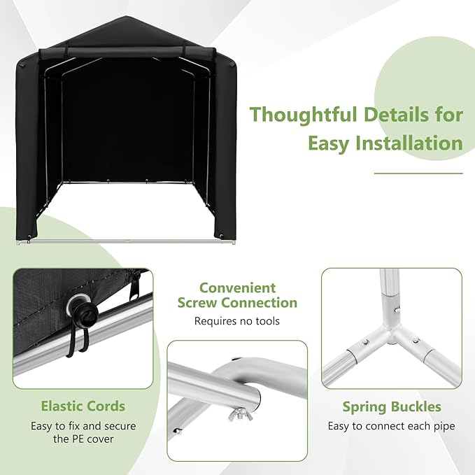 Goplus Portable Storage Shed, 7 x 5.2 x 5.4 Ft Heavy Duty Motorcycle Shed w/Roll-Up Zipper Door, Metal Frame, Waterproof Cover & Wind Rope, Outdoor Storage Tent Shelter for Bike, Garden Tools