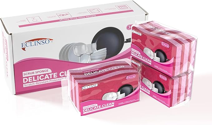Gentle Clean Delicate Scrub Sponges, Safe for Fine China, Glass & Nonstick Pans, Dual-Sided Gentle Cleaning, 9-Pack in Resealable Pouches