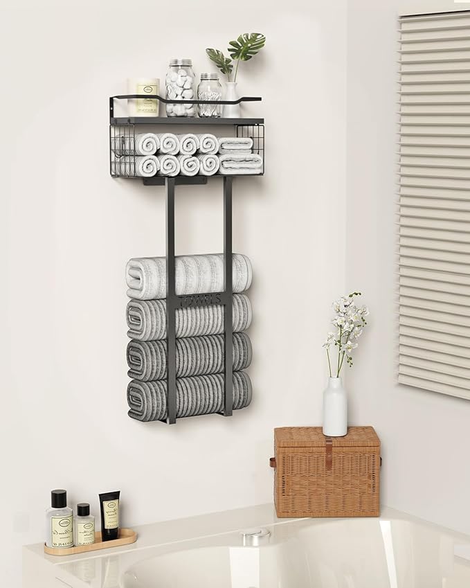Towel Racks for Bathroom 31inch Wall Mounted Towel Rack,Floating Shelf with Wood Plank,Towel Storage for Bathroom can Holds 6 Large Rolled Towels,All Black