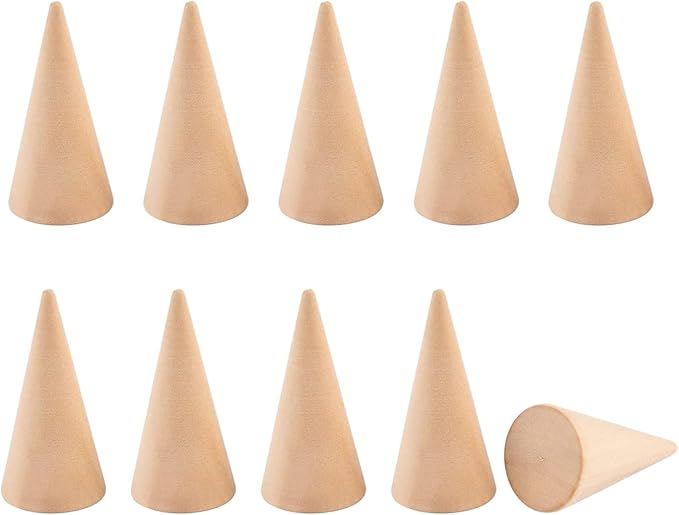 Framendino, 10 Pack Natural Wood Cone Ring HolderJewelry Display Stand Organizer DIY Craft Wooden (Vertical Shaped)