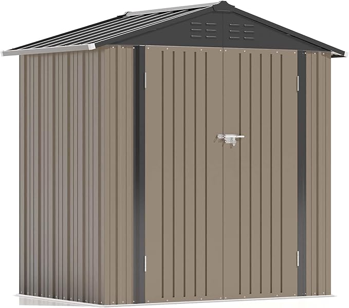 Patiowell 6x4 FT Storage Shed, Outdoor Metal Sheds with Lockable Door and Sloping Roof, Waterproof Outside Utility Garden Tool Shed with Breathable Vents for Patio Lawn Backyard, Brown