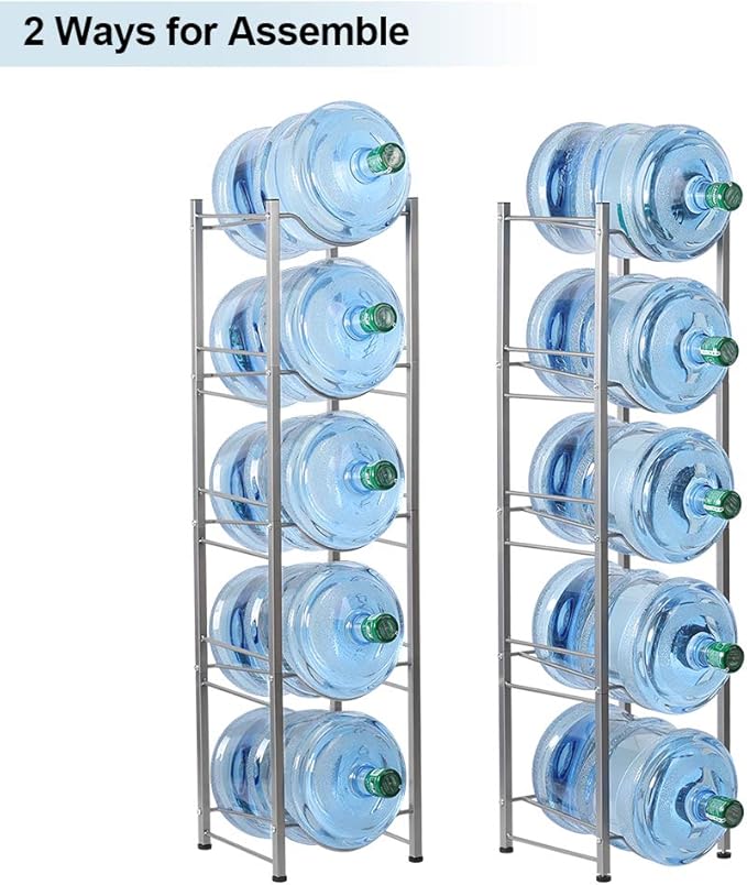 LIANTRAL 5-Tier Water Cooler Jug Rack, 5 Gallon Bottle Storage, Detachable Heavy Duty Holder for Home, Office (Silver)