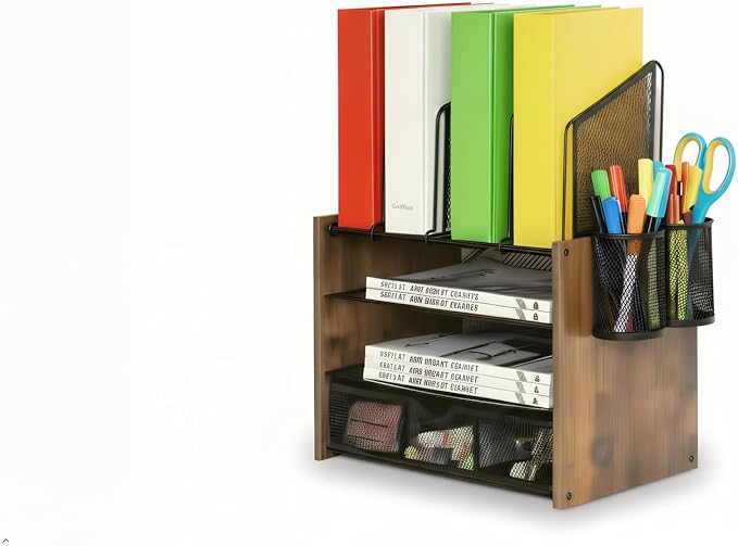 Wooden & Metal Desk Organizer – 4-Tier Vertical Desktop Storage with File Trays, Pen Holder & Drawer – Space-Saving Office & Home Workspace Organizer