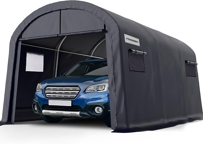 KING BIRD 10' x 15' Round Style Garage Shelter Heavy Duty Storage Shelter Carport Portable Canopy Shed with Roll-up Ventilated Windows for Boat, Patio Furniture and Lawn Mower-Dark Gray
