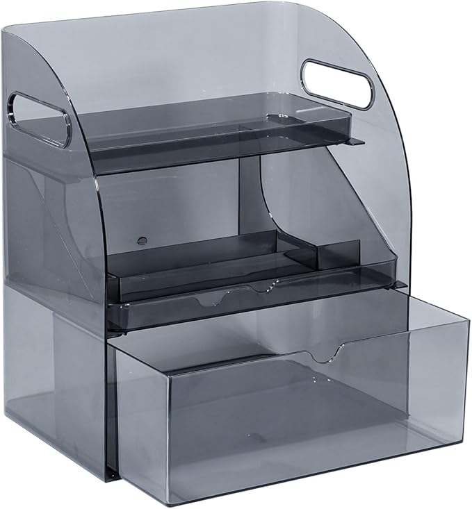 FABROK 3-Layer Desk Organizer with Drawer, Clear Office Supplies and Desk Accessories Organizer with Handle, Desktop Organizer and Storage for Stationery（Gray）