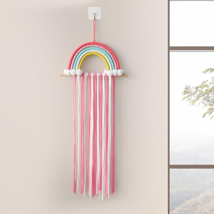 Macrame Bow Holder Hair Bow Organizer for Girls Hair Bows Wall Decor Woven Hanging Rainbow Clip Organizer Decor Bow Hanger